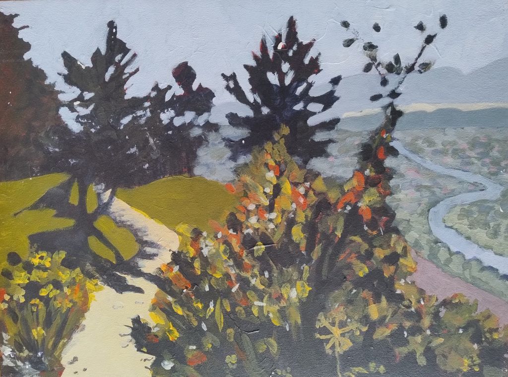 Blick von einem Plateau hinunter auf den Main in Acryl
