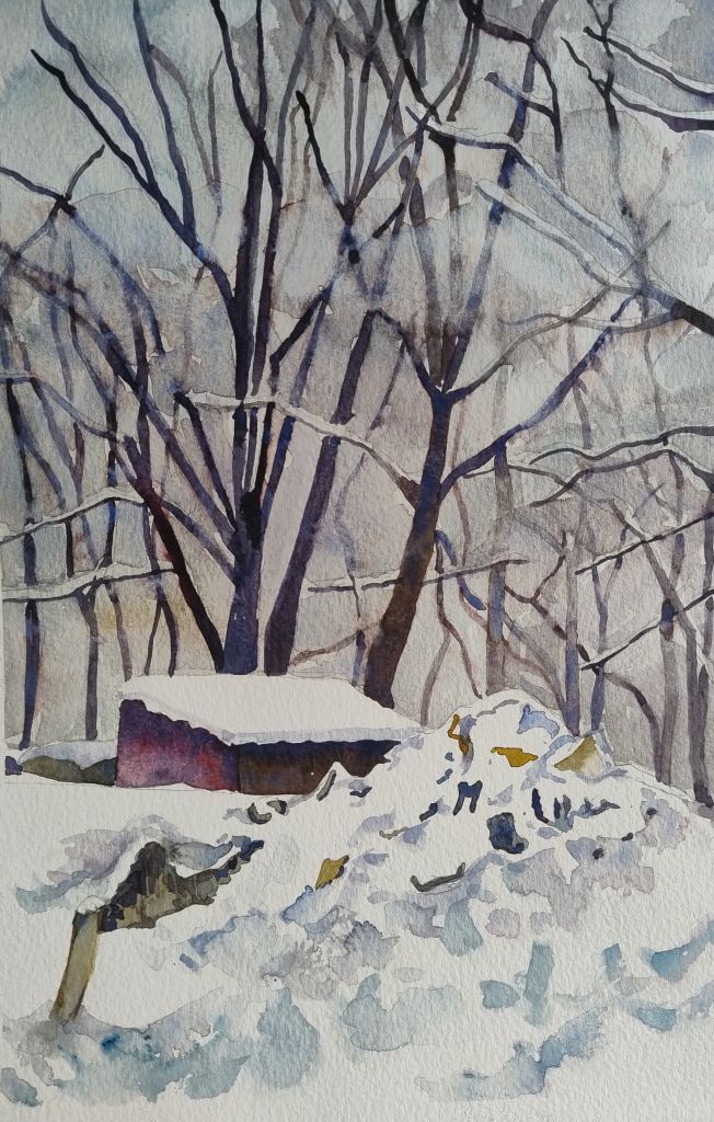 Aquarell einer verschneiten Hütte unter Bäumen