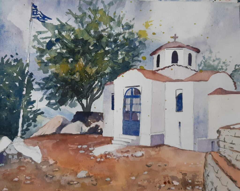 Aquarell Griechische Bergkirche, gemalt von Christine Wiedenmann
