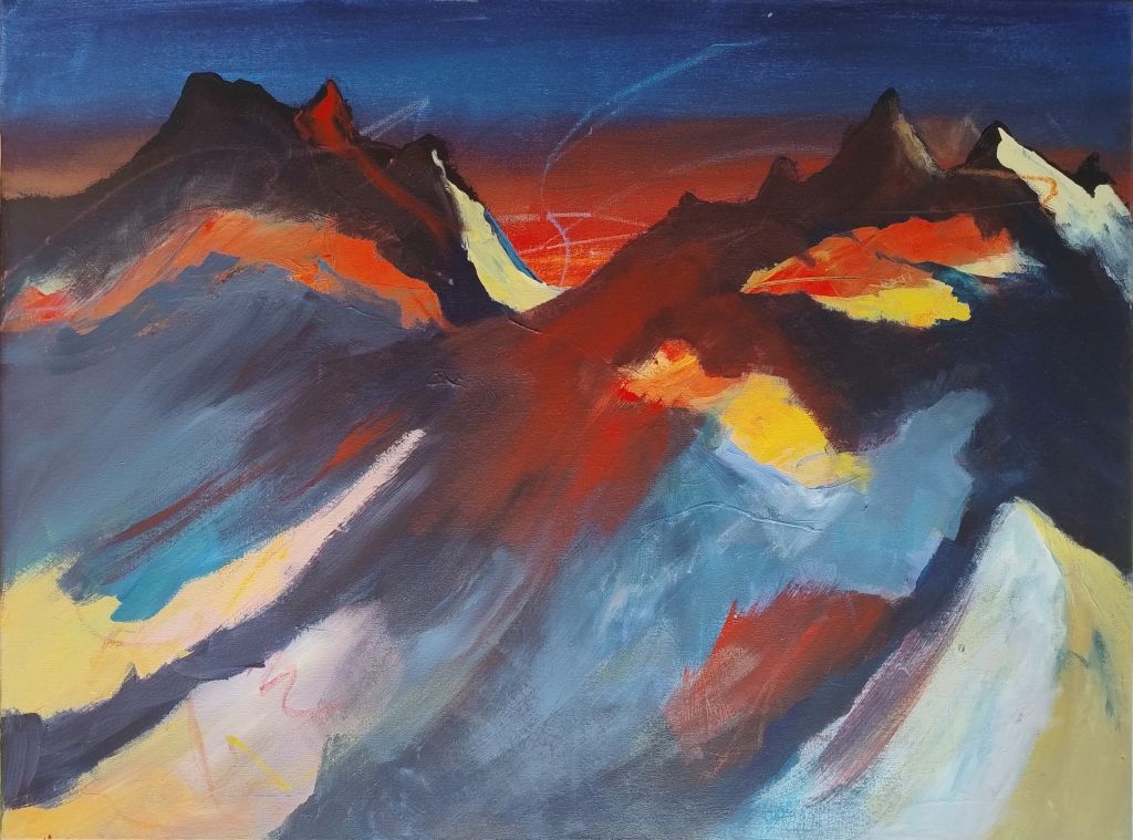 Berggipfel leuchten im Abendlicht in Acryltechnik