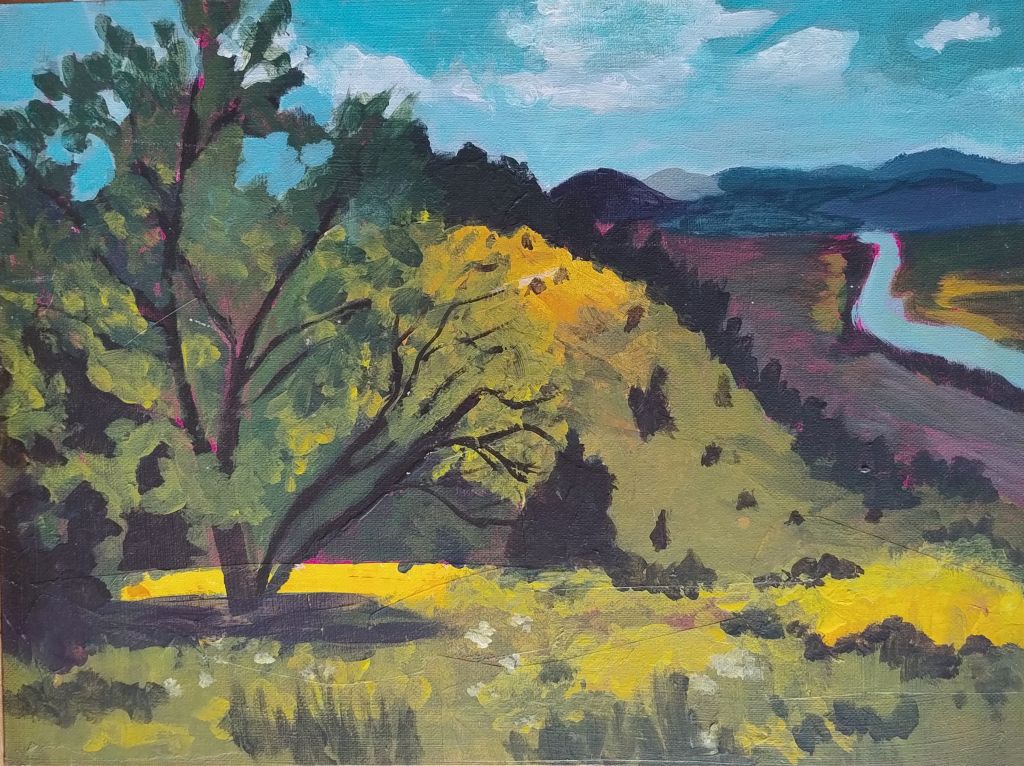 Blick von einer Wiese mit Baum hinunter auf den Main in Acryl